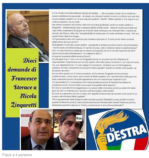Mafia capitale, Storace e le 10 domande a Zingaretti via facebook