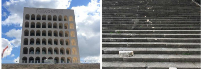 Eur, vandali distruggono la scalinata del Colosseo quadrato