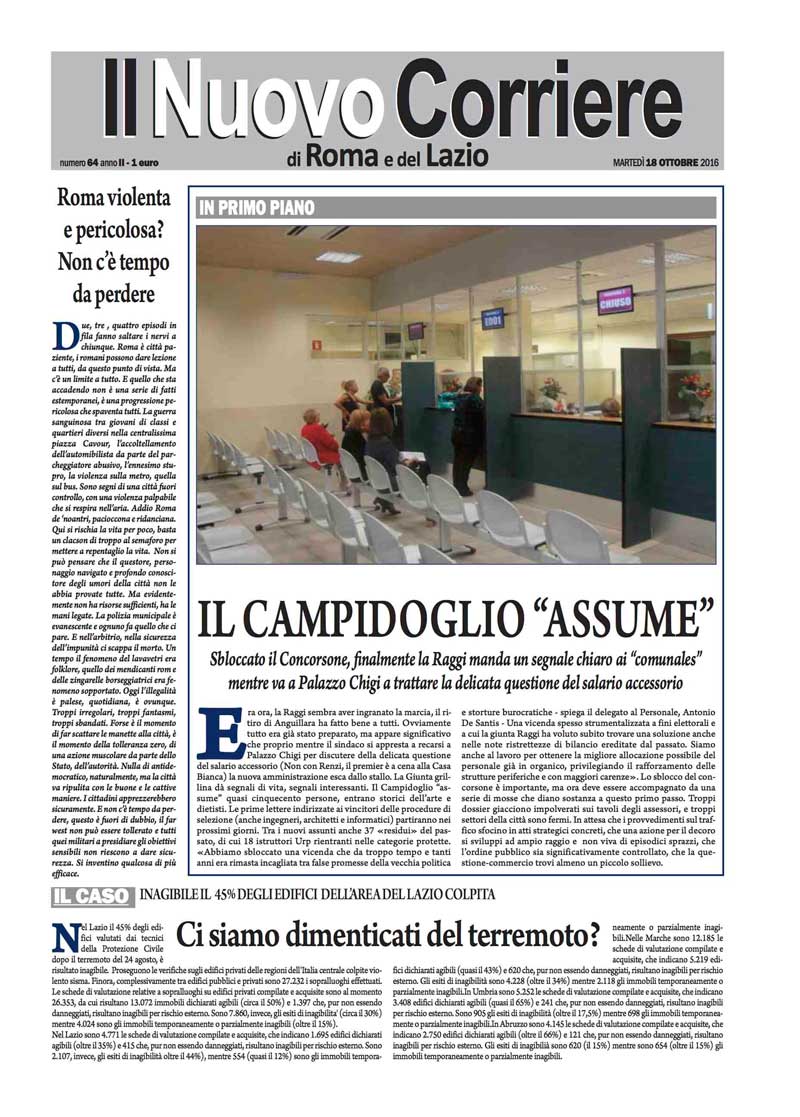 Il Nuovo Corriere di Roma e del Lazio – NUMERO 64 ANNO II – MARTEDI' 18 OTTOBRE 2016