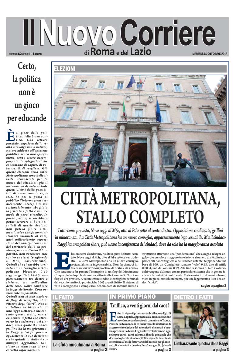 Il Nuovo Corriere di Roma e del Lazio – NUMERO 62 ANNO II – MARTEDI' 11 OTTOBRE 2016