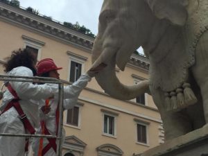 Tecnici a lavoro per riparare la statua dell'elefante a piazza della Minerva, Roma, 17 novembre 2016. ANSA